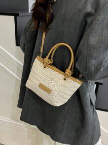 Bolso de mujer tejido, pequeño monedero de paja tejido con estilo, bolso con patrón de letras y ribete de color contrastante, con correa para el hombro larga y bandolera