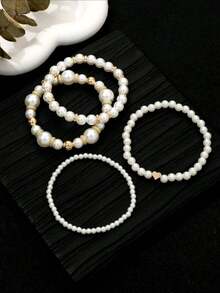 4pcs/Set Fashionable Love & Beaded Bracelet, Faux Pearl Bracelet Set Valentine's Day Accessories - Multicolor - View 4