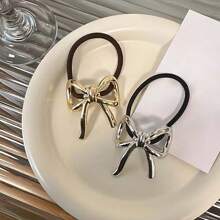 1pc Elegant Metal Bow Elastic Hair Band, Durable High Elasticity Hair Tie For Ponytail, Everyday Wear,Hair Accessories,Hair Elastics,Hair Ties,Hair Rope