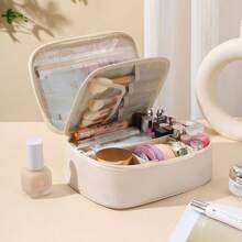 Large Capacity Removable 3-Layer Makeup Bag, Vegan Leather Travel Cosmetic Organizer With Brush Holder, Unisex Portable Toiletry Case, Alcohol-Free Makeup Storage Solution, Elegant Design Makeup Organizer Bathroom Accessories