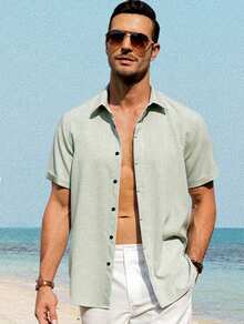 Camisa Casual de verano para hombres de unicolor, Camisa de Lino de Manga Corta - Verde claro - Ver 6