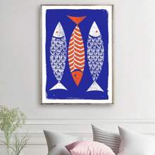 1 pièce Peinture sur canevas avec affiche de style scandinave moderne d'un poisson en sérigraphie, impression indigo, image murale pour la décoration de la cuisine et de la maison. Avec cadre en option