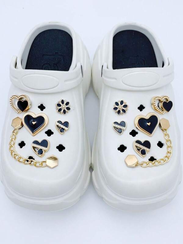 14pcs/Set Butterfly Elegant PVC Plastic (PVC) Animal Metal Chain, Hole Punched Rhinestones Shiny Decorations, Ladies Shoes Accessories, Gold Heart, Flowers