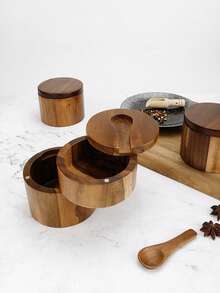 1 件红木单层盐盒调味罐带盖和勺子，厨房储物容器 - 棕色 - 查看 6