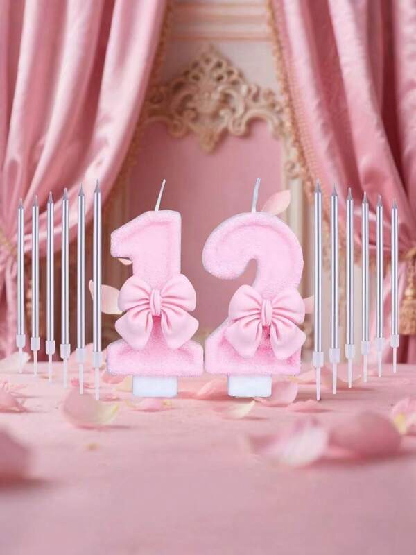 1pc-12pcs Straight Candles Creative Number Candles Cute Bowknot Birthday Candles Holiday Party Anniversary Cake Candles Pink