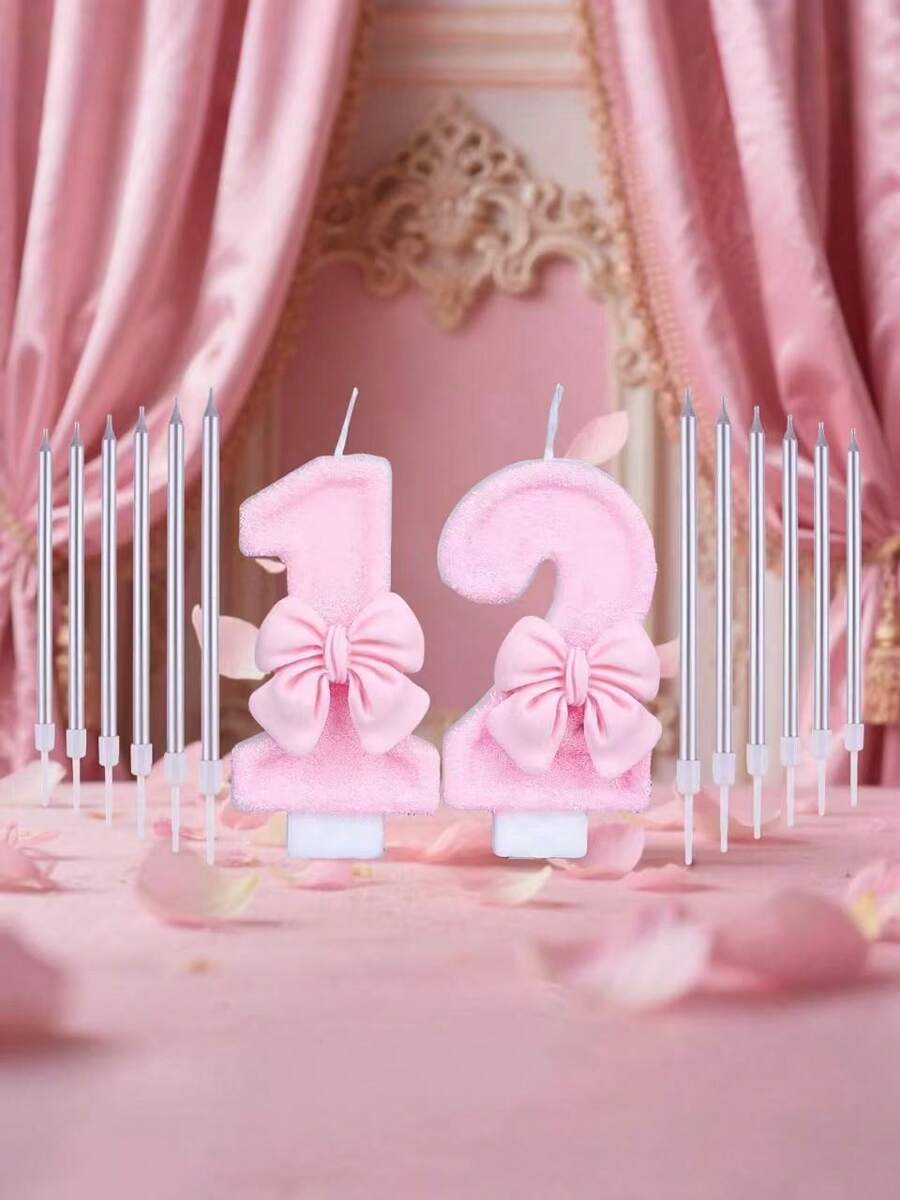 1pc-12pcs Straight Candles Creative Number Candles Cute Bowknot Birthday Candles Holiday Party Anniversary Cake Candles Pink