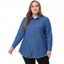 Local Delivery-Shirts For Women Button Denim Shirts Tops,Plus Size Chambray - Navy Blue - View 2