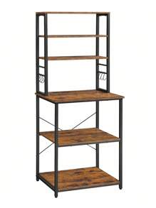 Kitchen Storage Rack, Coffee Bar, Baker's Rack, Total 6 Shelves And 6 Hooks, For Microwave, Steel Frame, Industrial, Rustic Brown And Black