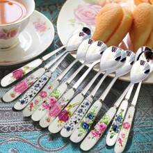 6/12pcs Floral Ceramic Handle Coffee Spoon Made Of Stainless Steel, Perfect For Mixing, Sugar, Honey, Ice Cream, And Soup, Practical For Office Afternoon Tea, Elegant Kitchen And Dining Accessories With Rose Pattern Design Back To School