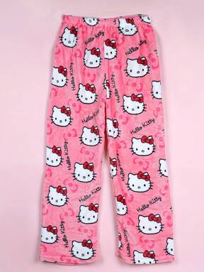 Sanrio 1pc Licensed By Sanrio Cute Hello Kitty Soft Plush Cartoon Print Thick Women's Pajama Pants, Fuchsia Fleece Warm Casual Loungewear, Suitable For Spring/Autumn, Cartoon Character Pattern, Fashionable Party Gift, Suitable For Friends, Girlfriends, Couples, Back To School, Thanksgiving, Christmas, Halloween