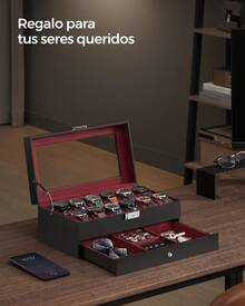 Caja de Reloj, Estuche de Reloj con Tapa de Cristal de 2 Niveles para 12 Relojes, Cerradura, 1 Cajón, para Anillos Pulseras, Regalo Ideal, Negro y Forro Rojo, Regalo de Navidad - Rojo - Ver 1
