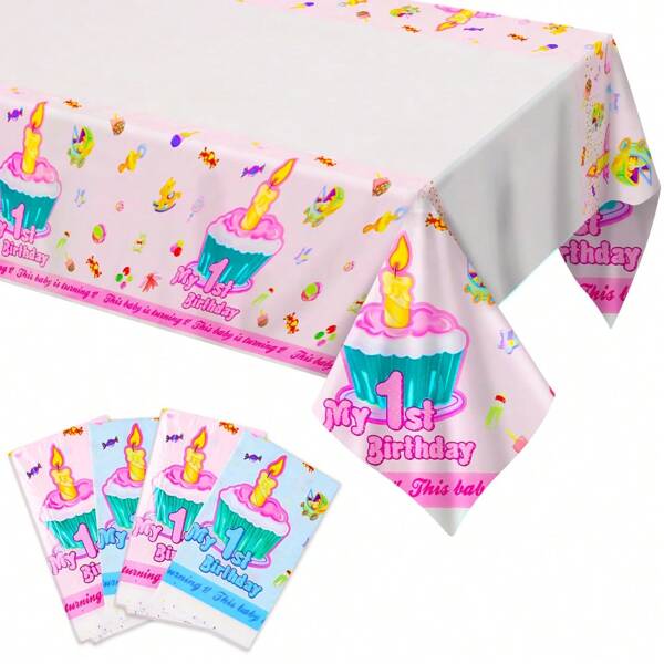 1pc 1st Birthday Cake Themed Party Tablecloth, 1 Year Old Birthday Tablecloth With Candies And Snacks, Suitable For Birthday Celebration And Restaurant Decoration, Birthday Party Supplies