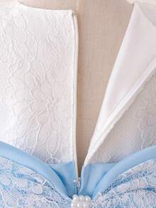 Abito elegante da damigella d'onore per ragazze, in tulle con maniche lunghe in pizzo e fiocco, adatto per la scuola, recital di pianoforte, occasioni formali, non include fascia per capelli - celeste - Visualizzare 9