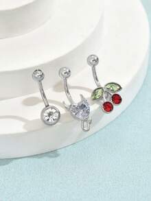 3 Pieces Set Silver Stainless Steel Red Cherry Belly Button Rings Body Jewelry For Women, Western Belly Button Piercing Jewelry, Cherry Decor Navel Ring Piercing Summer Beach Jewelry Accessories Suitable For Mother'S Day, Birthdays And Gifts - Silver - View 9