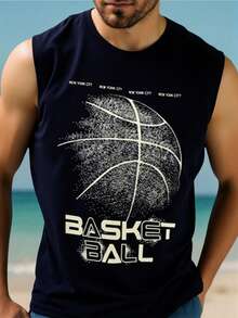 King T-shirt Playera Sin Mangas Tank Top para Hombre 100% Algodón Suave Estampado Baloncesto Basketball NYC New York City Diseño Deportivo Urbano Retro Estilo Deportivo Gráfico Temática Deportiva Balón Texto Vintage Cuello Redondo Clásico Casual Original Cómoda Suave Camiseta Deportiva Top Moda Masculina Moderna Deportiva - Azul Marino - Ver 1