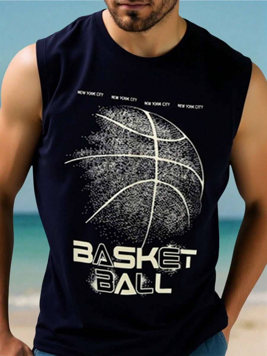 King T-shirt Playera Sin Mangas Tank Top para Hombre 100% Algodón Suave Estampado Baloncesto Basketball NYC New York City Diseño Deportivo Urbano Retro Estilo Deportivo Gráfico Temática Deportiva Balón Texto Vintage Cuello Redondo Clásico Casual Original Cómoda Suave Camiseta Deportiva Top Moda Masculina Moderna Deportiva - Azul Marino - Ver 1