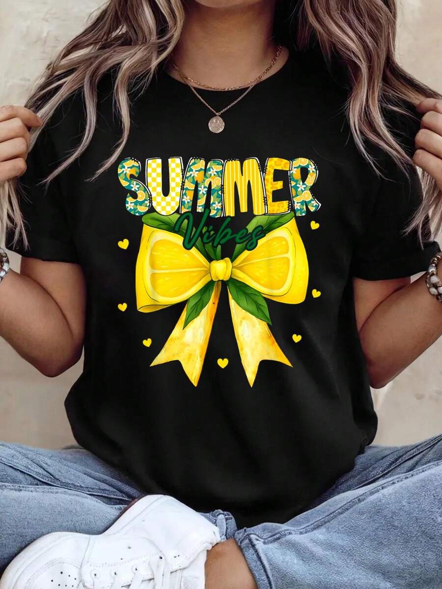Preppy Summer Vibes Lemon Bow Girly Summer T-Shirt - Black - View 1