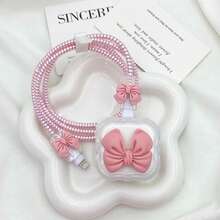 5 Peças/Conjunto de Acessórios de Carregador Compatíveis com Adaptador de Carregador Padrão Britânico de 20W, Incluindo: Protetor de Cabo 16 Pro Max, Enrolador de Cabo, Fixador de Cabo, Cabo Anti-Quebra, Protetor de Cabeça de Carregador em Formato de Laço - Rosa chiclete - Visão 5