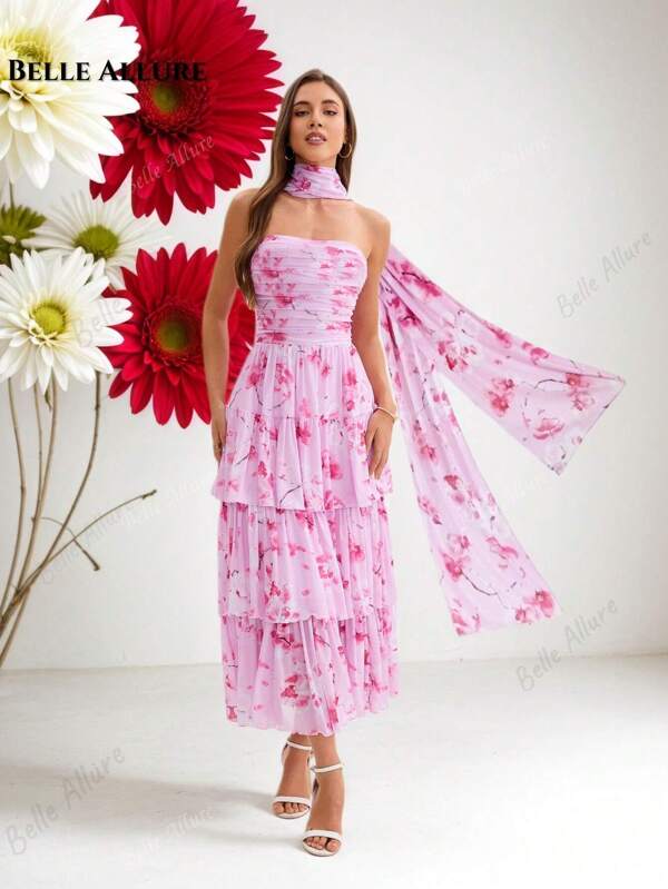 Elegante, zoete strapless jurk met bloemenprint en laagjes voor dames, geschikt voor lente-/zomervakanties, feesten, bruiloftsgasten, afspraakjes, muziekfestivals, diploma-uitreikingen, diners en galajurken.