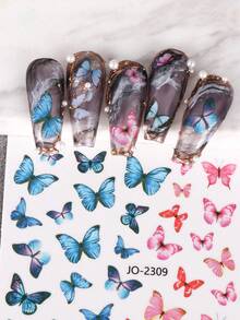 12片/套彩色蝴蝶美甲贴纸，蓝粉渐变蝴蝶美甲贴花，自粘式美甲贴纸，适合夏季DIY美甲装饰 - 彩色 - 查看 8