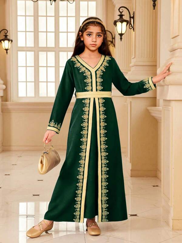 Middle Eastern Dubai Style Patchwork Robe, Emerald Green Girls Formal Gown, Holiday/Party Princess Dress