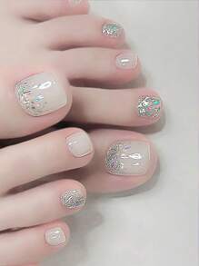 1 Foglio di 22 adesivi per unghie dei piedi in gel senza cottura, decorazioni adesive per unghie, stickers per unghie e decalcomanie per piedi, strisce di smalto fai-da-te, glitter beige, pendenza a raggiera, autoadesive, impermeabili e di lunga durata, decorazioni 3D per unghie, multifunzionali, adatte per donne e ragazze, facili da usare per appuntamenti, feste ed eventi