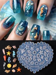 Molde de silicone para esculpir unhas em formato de amor, estrela do mar, oceano, verão, cavalo-marinho, concha de golfinho, molde macio, placa de carimbo, estênceis de impressão em gel, pingentes de luxo para unhas, decoração de manicure faça você mesmo, acessórios de arte, suprimentos para unhas, ferramentas para unhas, ferramentas para arte em unhas, volta às aulas, unhas, ferramentas para unhas de pressão