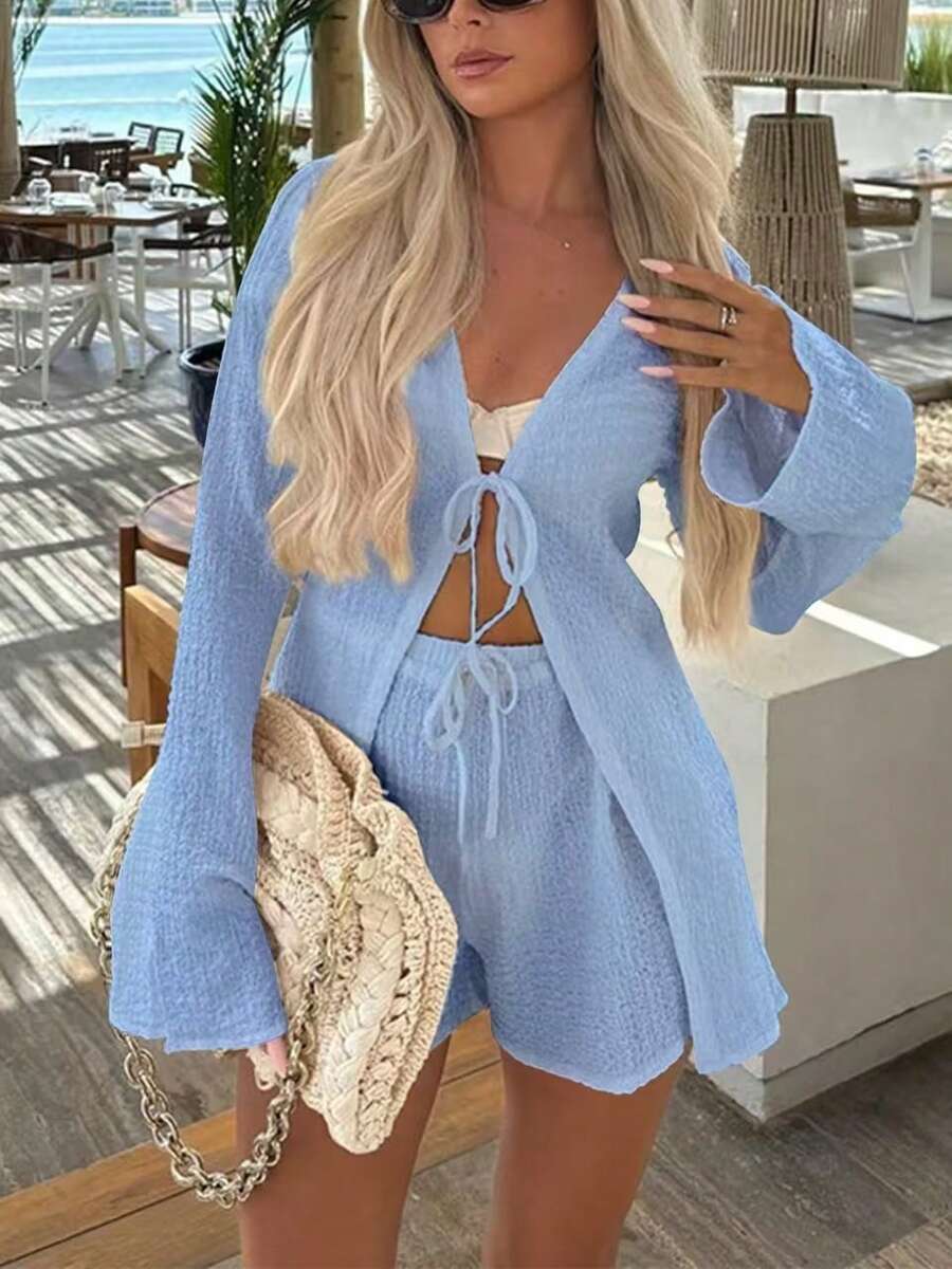 Women's Summer Vacation Minimalist Solid Color Textured Fabric Flared Sleeve Tie Front Top And Shorts Set