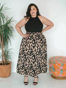 Truni Sometimesglam Plus Size French Print Patchwork Wrapped Slit Dress Women Outfit, For Pear Triangle Body Shape - Black - View 10