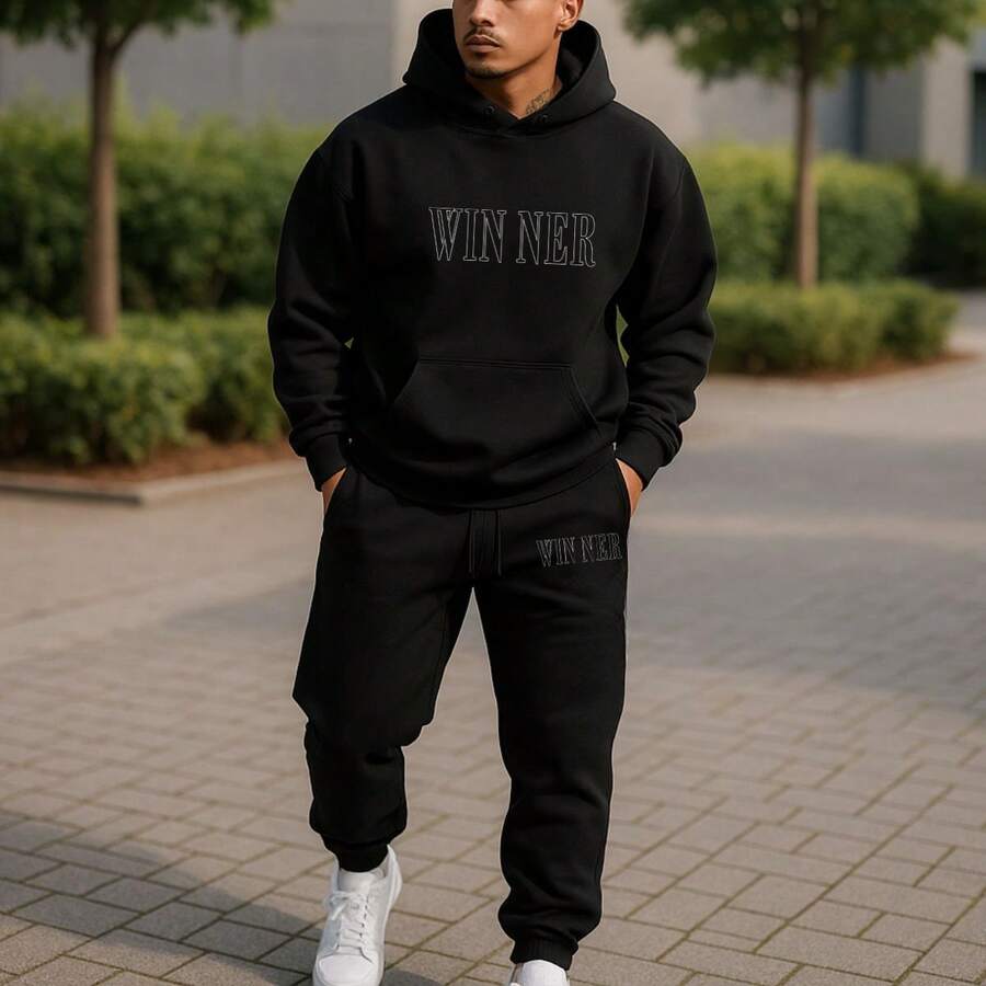Winter Fashion Flannel Cotton Streetwear Sweatshirt, Pants And Blouse Set Kit - 黑色 - 查看 1
