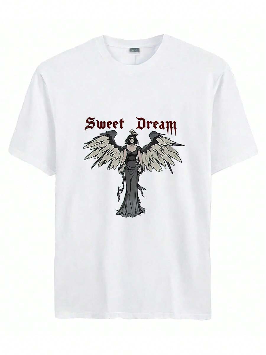 2025 Summer New Hot Selling T-Shirts- Stylized Illustration Of An Angel With Wings And A Halo, Accompanied By A Text That Reads, Angel. Bruce In With Me Than As One In Heaven - 白色 - 查看 1