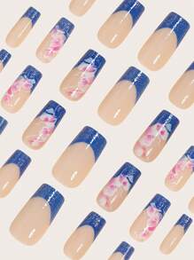 24 Peças Kit de Unhas Postiças Francesas de Formato Quadrado Médio Floral Delicado Azul e Brilhos Cintilantes, Encaixe Perfeito, Kit Completo de Unhas Falsas Inclui 1 Peça folha de Adesivos e 1 Peça Lixa Pequena para Uso Diário, Escritório, Festa em Casa, Acessórios de Joia Falsa para Mulheres, Dicas de Unhas Falsas, 1 Peça Tira de Lixa, Envio Aleatório de Geleias Gel