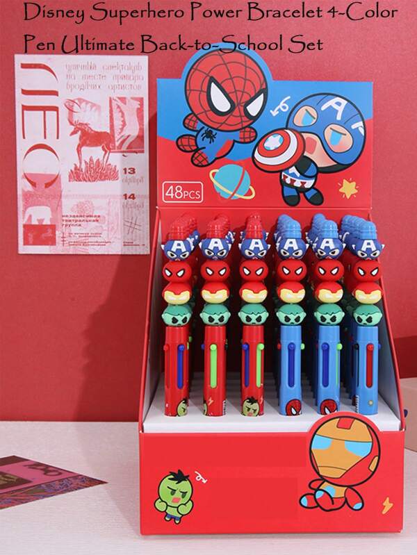 Disney 12pcs Disney Back-To-School Marvel & Stitch Collector's Edition 4-Color Anti-Stress Ballpoint Pen - Shockproof Liquid Silicone Grip (Thor's Hammer Durability) + Multi-Role Ink System (Highlighter/Notes/Doodling), Includes 3 Character Pens: Stitch, Spider-Man School Supplies,Back To School