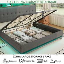 PLAUIN Estructura de cama con almacenaje y elevación hidráulica, con estantería incorporada y cabecero con diseño de terciopelo de alas, iluminación LED RGB, sin necesidad de caja de resortes