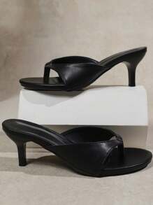 Women's Black Thong High Heel Sandals, Slim Heel Dress Sandals, Summer French Style Slip On Mules