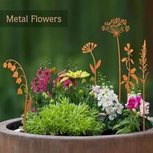 1 Stück Landhausstil Metall Wildblumen Dekoration Bodenstecker, natürlich verwitterter rostiger Outdoor-Metallskulptur, Gartendekoration, Hof-Accessoires, Gartendekoration, Zaundekoration, Pflanzgefäß-Füller, Heimdekoration