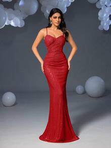 Faeriesty 女士优雅深酒红色长款派对连衣裙 - 露背交叉设计，鱼尾裙摆，闪亮亮片 | 修身剪裁，适合婚礼、晚宴、正式场合、新年装扮、夏季度假 - 紅色 - 查看 3