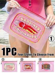 Cuatro tipos de bolsas de cosméticos impermeables impresas con latas de pescado, incluidas bolsas de cosméticos para la playa de verano, bolsas para aperitivos, bolsas de almacenamiento de productos de belleza, bolsas de almacenamiento de cargadores, bolsas de almacenamiento de esmalte de uñas y bolsas de cosméticos aptas para gran capacidad, moda, estilo simple