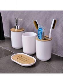 4 Stücke Bad Organizer Set - Seifenspender, Zahnbürstenhalter, Seifenschale und Flüssigseifenspender mit Holzdeckeln - Minimalistische Bad Küchen Reinigungs Aufbewahrung für Rückkehr zur Schule