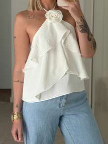 Women Tank Tops Solid Color 3D Flower Ruffles Tie-Up Halter Neck Casual Vests Summer Backless Sleeveless Tops Streetwear - trắng - Xem 1