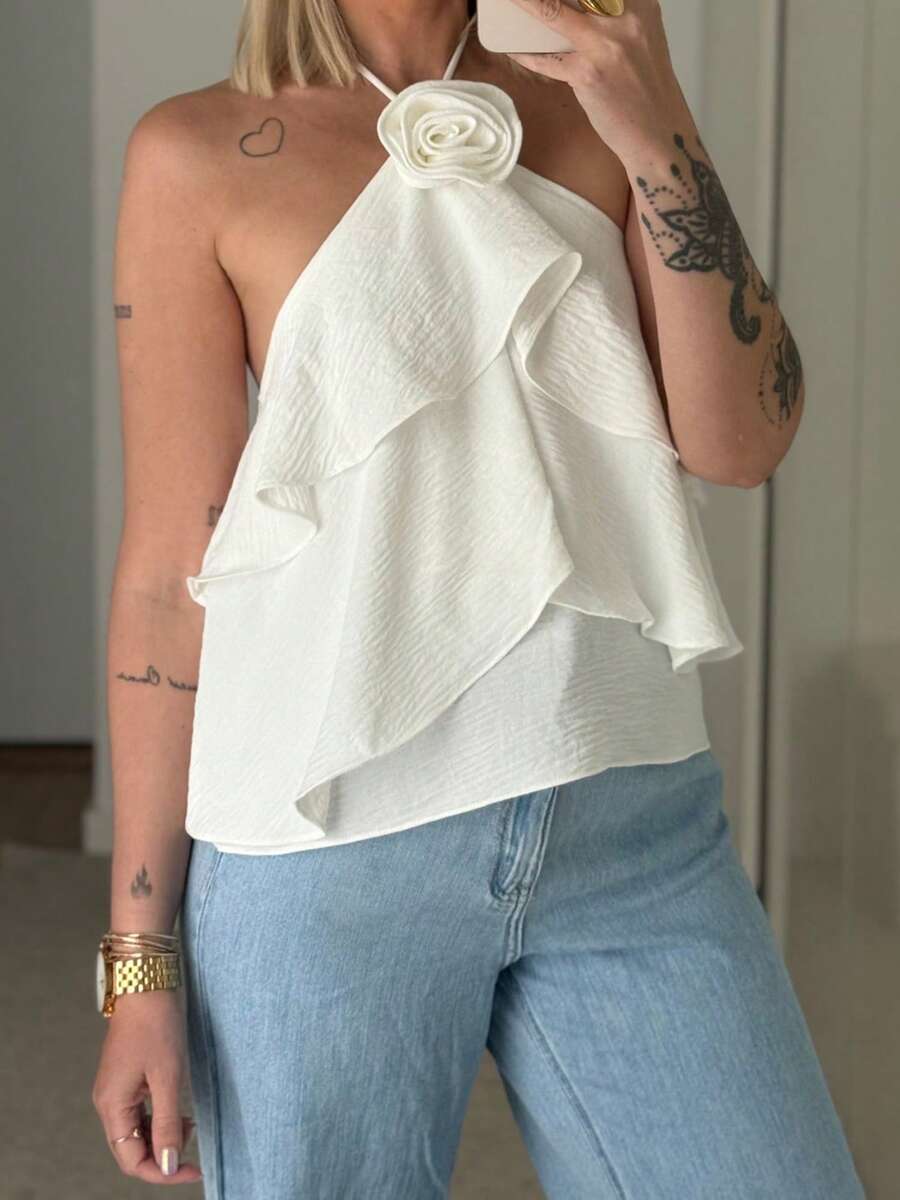 Women Tank Tops Solid Color 3D Flower Ruffles Tie-Up Halter Neck Casual Vests Summer Backless Sleeveless Tops Streetwear - trắng - Xem 1