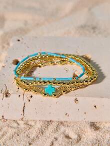 Tropiscape 4件套奢华多色2/4毫米18K镀金金属十字珠手链套装，营造度假氛围，休闲放松，海滩秋季圣诞节冬季圣诞礼物 - 彩色 - 查看 2