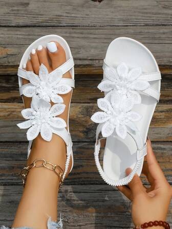 Damen Große Größen elegante Sandalen mit Blumen Dekor, Märchenstil für den Sommer, offene Zehenpartie, Obermaterial und Futter aus Gewebe, rutschfeste Sohle, synthetische Innensohle