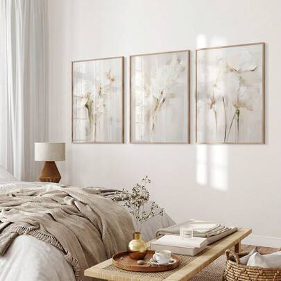 Conjunto de 3 carteles de arte de pared floral abstracto beige bohemio y neutral sin marco, impresión de lienzo, pintura minimista de flores para apartamento, sala de estar, dormitorio, decoración del hogar moderna