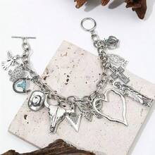 1pc Women Fashion Multi-Element Beaded Bracelet With Western Cowboy, Turquoise, Crown, Butterfly, Cross, Faux Pearl Charms - Antique Silver - View 11