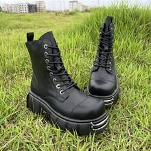 Retro Combat Boots For Women And Men Thick Sole With Zipper Soft Leather Metal Decoration Punk Style Unisex Ankle Boots - 黑色 - 查看 11