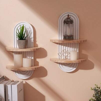 1pc/2pcs Bohemian Style Wooden Rainbow Wall Hanging Shelf, Boho Hanging Storage Rack, Wall Mounted Bookshelf, Suitable For Living Room, Bathroom, Bedroom, Classroom, Office, Wall Decor