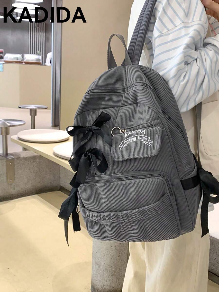 Large Capacity Minimalist Bowknot Decor Backpack, Corduroy Travel Daypack, Preppy Backpack For School, Cute Bow Backpack Back To School Essentials, Bags For University, University Essentials - Grey - View 1