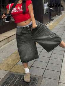春夏新款欧美街头风中腰无弹宽松休闲大码女式牛仔短裤 - 深灰色 - 查看 3