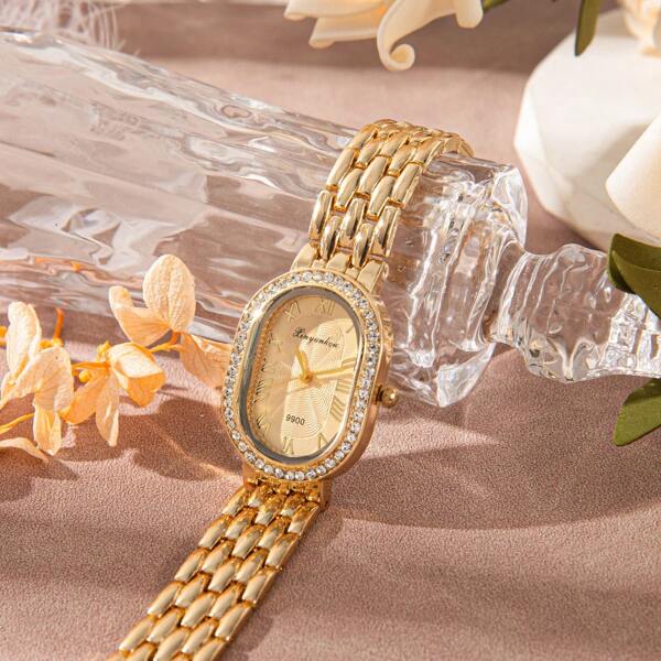 xinyunkou ساعة يد نسائية جديدة كاجوال بسوار من الصلب مرصعة بالراين ستون، بعقارب رومانية بشكل بيضاوي، ساعة فاخرة للسيدات